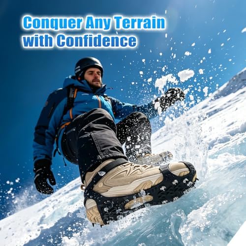 Ice Cleats for Shoes and Boots, Silicone Crampons, 11 Stainless Shoe Spikes for Snow and ice, Heavy Duty Traction for Hiking, Climbing &Mountaineering