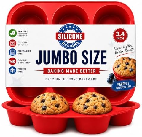 Silicone Texas Muffin Pan 6-Cups, Jumbo Muffin Pan Set of 2, BPA-Free Non-Stick Cupcake Maker, 10.75L x 7.5W for Baking