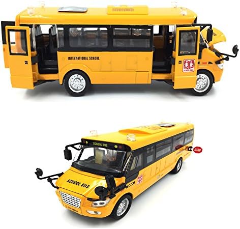9" Pull Back Die-cast School Bus Toy | Light Up & Sounds Die-cast Metal Toy Vehicles with Bright Yellow and Openable Doors