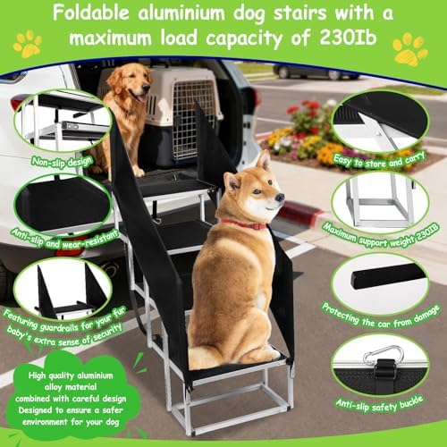 Deergym Dog Stairs for Large Dogs - 5 Step Wide 16in High 34in Foldable Dog Ramp for Car Non-Slip Surface Support up to 230lbs - Suitable for SUV,Truck, Sofas, Bed