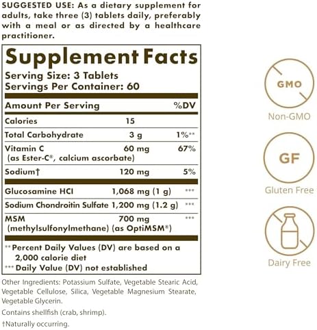 Solgar Extra Strength Glucosamine Chondroitin MSM w/Ester-C, 180 Tablets | Promotes Healthy Joints, Supports Comfortable Movement & Collagen Formation