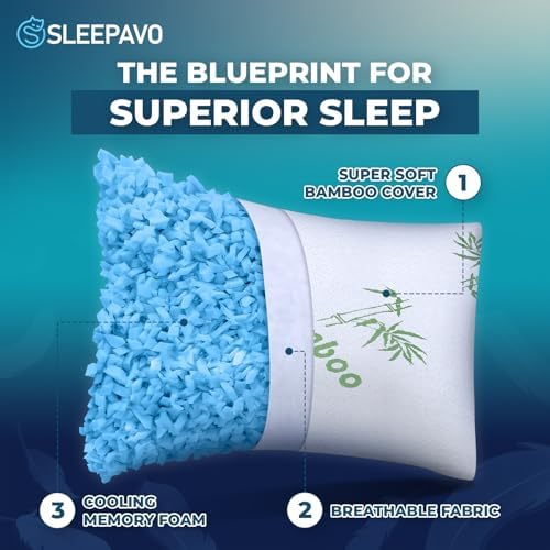Memory Foam Pillows Queen Size Set of 2 - Cooling Bed Pillows for Sleeping - Back, Stomach, Side Sleeper Firm, Comfy Cool Shredded - 2 Pack, Rayon Derived from Bamboo