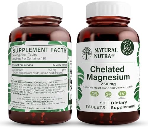Natural Nutra Chelated Magnesium Oxide 250 mg - High Absorption for Strong Bones, Heart Health, Dental Health, Energy Boost, Gluten-Free, Non-GMO, 180 Tablets in BPA-Free Recyclable Glass Bottles
