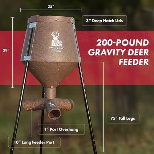 BOSS BUCK 350 LB Deer Feeder/Hunting Durable Lightweight Plastic UV Protected Windproof Waterproof Gravity Feed with Protein 3 Feed Tubes Head, Multi-Piece Round Legs | Protein 3 feed tubes head, Multi-Piece round legs