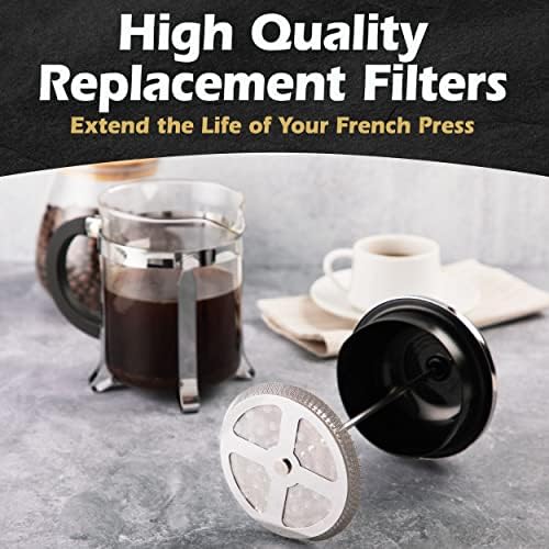 French Press Replacement Filter (2pack) - Includes Metal Center Ring - Universal 8Cup Stainless Steel Reusable Filter