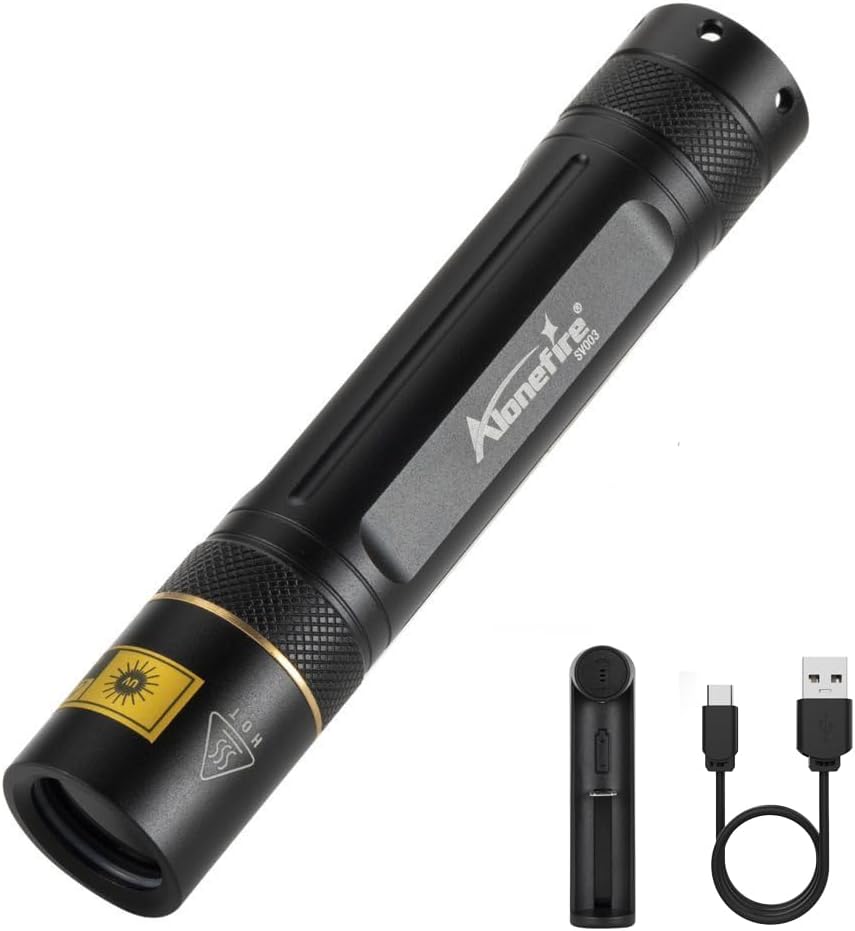 ALONEFIRE SV003 10W 365nm UV Flashlight Portable USB Rechargeable Woods Lamp Black Light for Pet Urine Detection, Resin Curing, Scorpion, Fishing