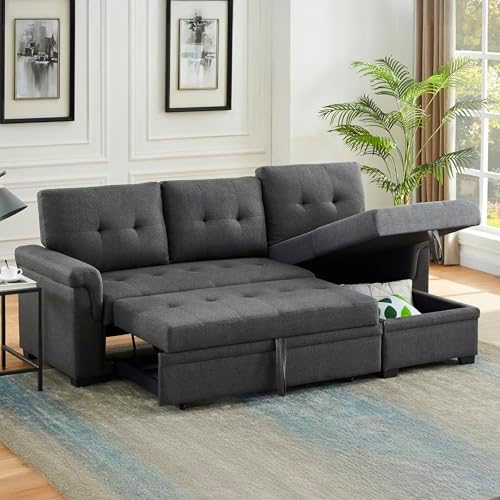 Lilola Home Convertible Sectional Sleeper Sofa Bed 84 Inch, L Shaped Couch with Pull Out Bed, Storage Chaise, Removable Back Cushions for Living Room, Office, Linen Fabric, Dark Gray