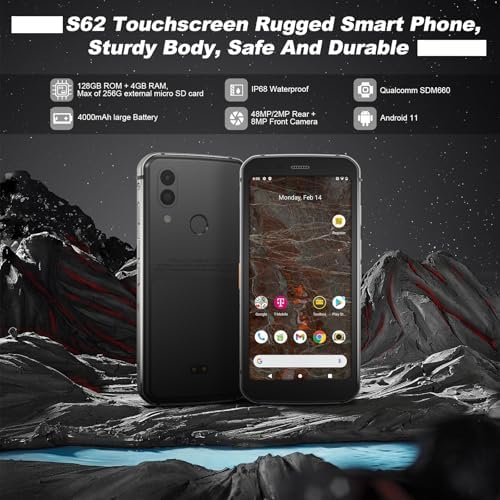 Unifone S62 Unlocked Rugged Cell Phone (128GB, 4GB) 5.7" IP68 Waterproof Android Smartphone, 12MP Dual Camera, All Day Battery, NFC