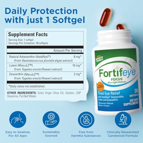 Fortifeye Focus Eye Care Supplement 30 Softgel Capsules - Triple Carotenoid Including Astaxanthin, Lutein, and Zeaxanthin Supplements, Eye Vitamins, Supports Eyes Fatigue and Blue Light Protection