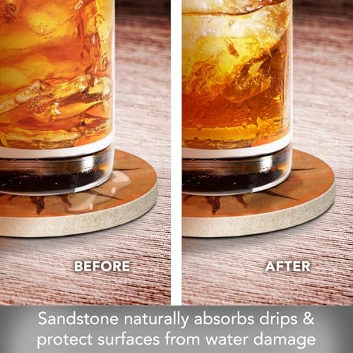 Thirstystone Spiral Sun Natural Sandstone Coaster 4 Pack Eco-Friendly, Absorbent, Easily Wipes Clean | 4” Diameter, Manufactured in the USA