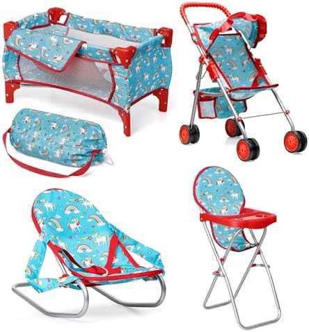 fash n kolor 4 Piece Baby Doll Play Set Flower Design Includes - Foldable Pack N Play, Baby Doll Stroller, Baby Doll High Chair, Infant Seat, Fits Up to 18'' Doll 4 Piece Doll Accessories Set