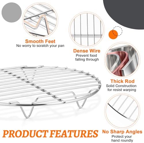 P&P CHEF 9 Inch Cooking Rack Round for Steaming Cooling, Silver, 2 Pack