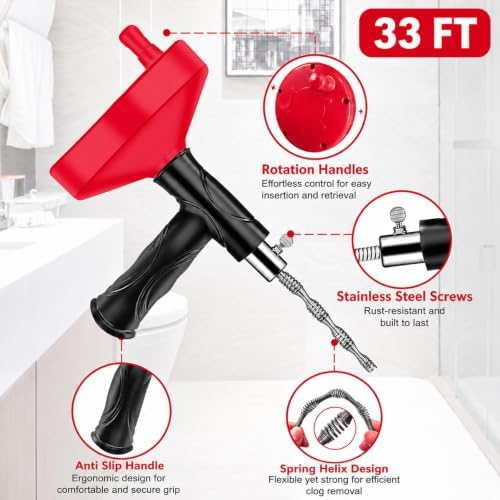 Drain Snake Auger, 33 Feet Plumbing Snake Drain Hair Clog Removal Tool, Heavy Duty Snake Auger