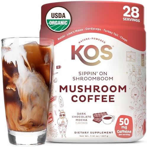 KOS Mushroom Coffee - USDA Certified Organic - Dark Chocolate Mocha Flavor - Mushroom Coffee Latte Powder with Reishi, Cordyceps, Lion's Mane