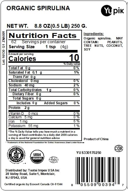Yupik Organic Spirulina Powder 8.8 oz, USDA Certified, Non-GMO, Kosher, Gluten-Free, Vegan, High in Protein, Iron & Antioxidants, Superfood for Smoothies, Shakes & Baking