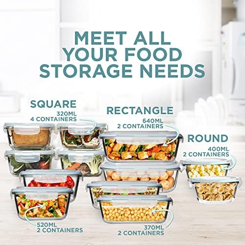 Razab 24 Pc Airtight Glass Food Storage Containers - Glass Meal Prep Containers - Freezer to Oven Safe - Steam Release Valve BPA Free - Airtight