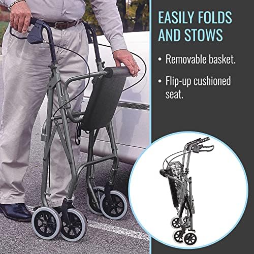 DMI Ultra Lightweight Folding Aluminum Hemi Rollator with Padded Seat, Basket and Adjustable Handle Height, Mobility Walker, Easily Fords