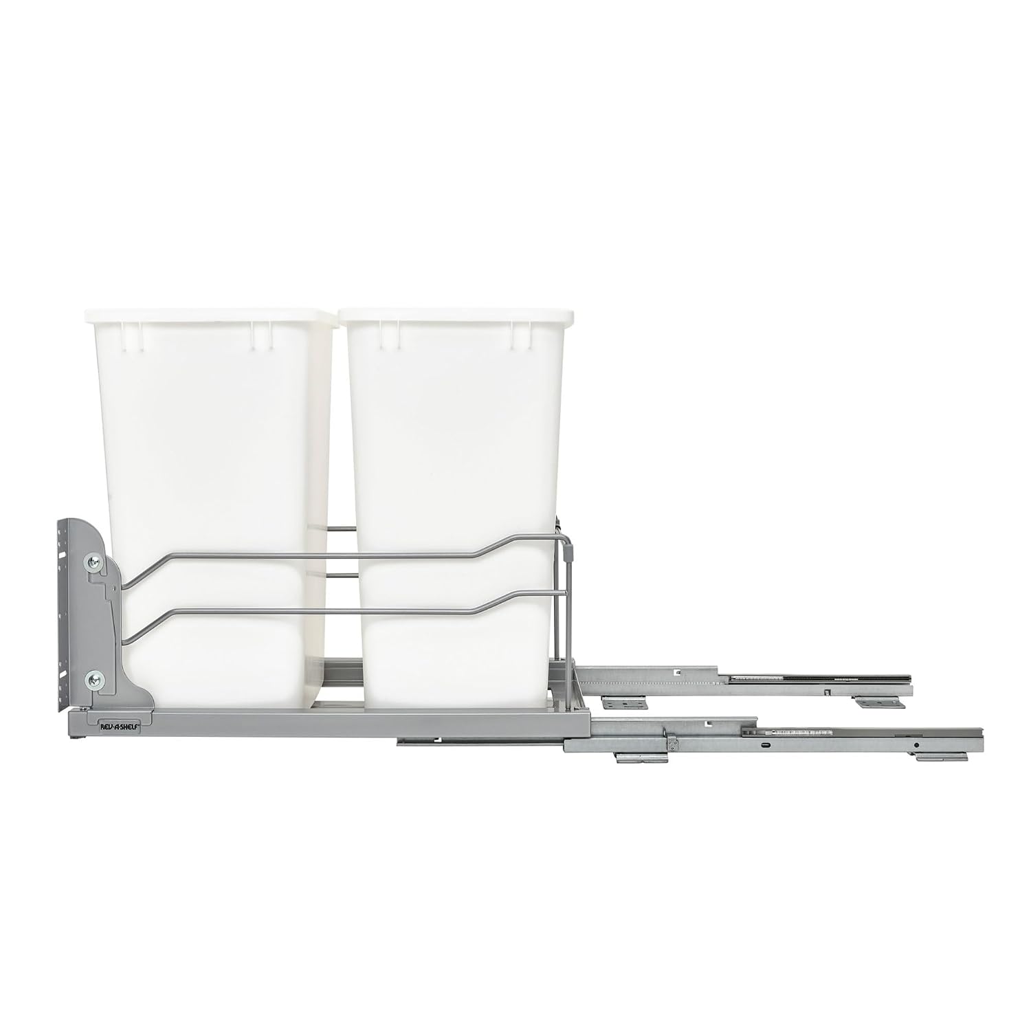 Rev-A-Shelf Double Pullout Trash Can w/Soft-Close Slides, 14.5" Min Opening | Large Capacity Garbage/ Recycling Waste Bins for Under Kitchen Cabinets, Heavy Gauge Wire Construction, 53WC-1835SCDM-217