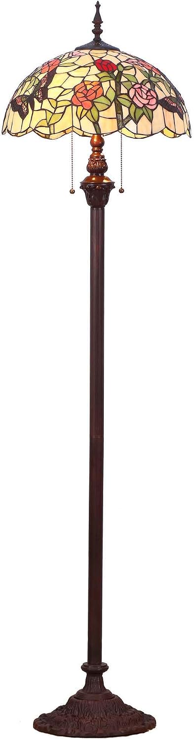Bieye L11408 Butterfly Tiffany Style Stained Glass Floor Lamp with 16-inch Wide Handmade Lampshade Metal Base for Bedroom Living Room, 59-inch Tall