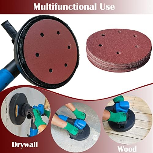 Tonmp 50 PCS 9 Inch 6 Hole Drywall Sanding Discs Set -10 Each of 60 80 120 150 240 Grits, 9" Hook-and-Loop Sandpaper for Electric Drywall Sander