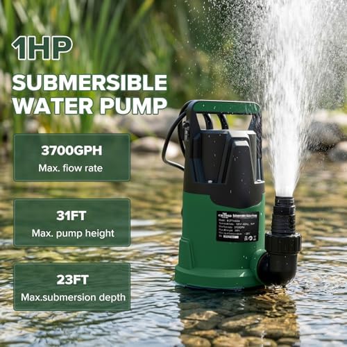 4200GPH 1HP Submersible Sump Pump with Automatic Float Switch | LAZYLAND, Clean Water Pump for Pool, Pond, Garden, Flooded Cellar, Aquarium and Irrigation (Green)