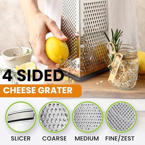 Spring Chef Stainless Steel Cheese Grater, Large Box Grater for Kitchen | 4 Sided Handheld Vegetable Shredder, Kitchen Food Grater for Cheese, Potato