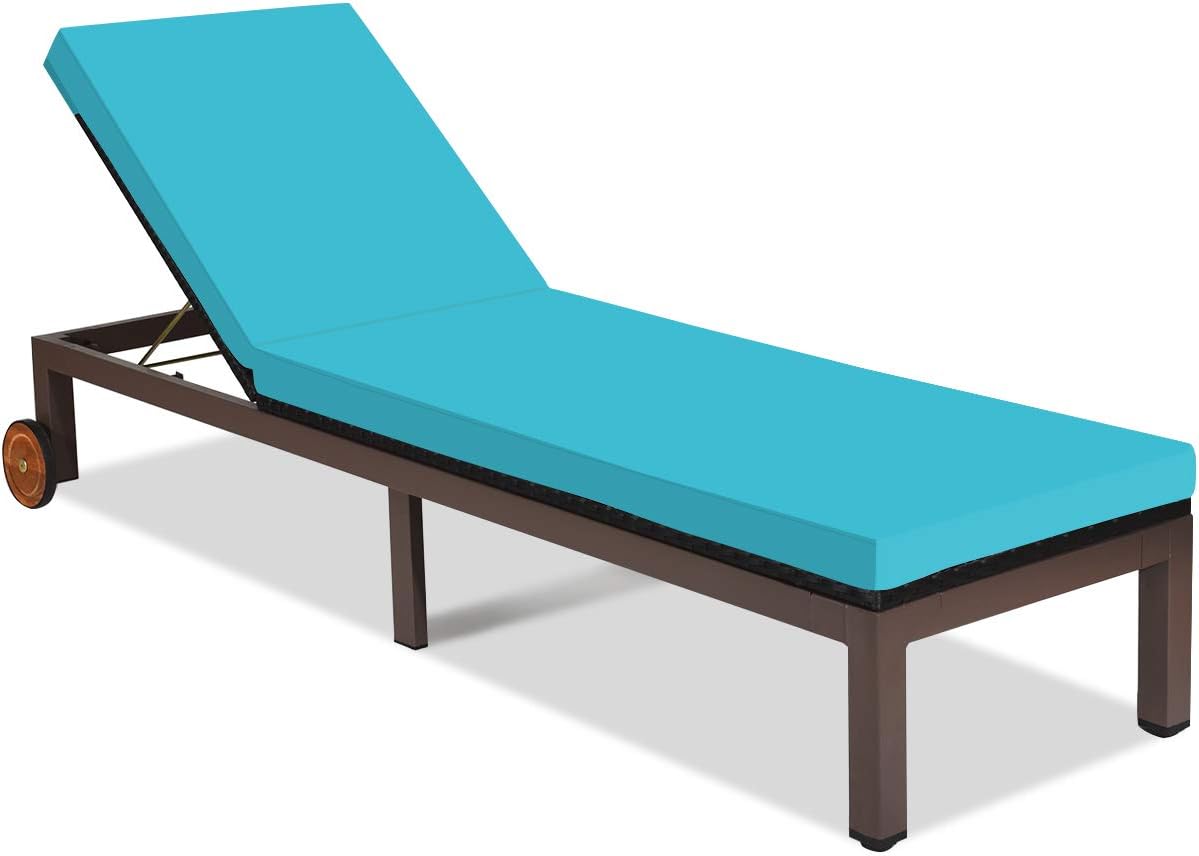 Tangkula Patio Chaise Lounge Chair, Outdoor Rattan Lounger Recliner Chair with Wheels, Wicker Chaise Chair W/Cushioned Seating
