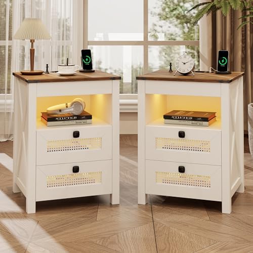 LED Night Stand with Gun Drawer & Charging Station | Human Sensor Lights, Hidden Storage, Farmhouse Rattan Style, 3 Drawers, Bedside Table for Bedroom, End Tables Livingroom