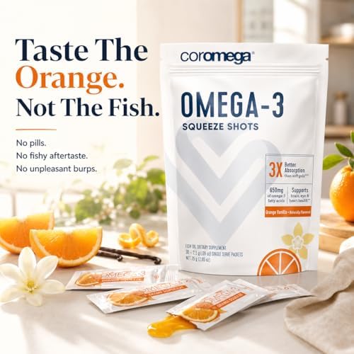 Coromega - Omega 3 Fish Oil Supplement - 30 Squeeze Packets - 650mg | Orange Flavor, 3X Better Absorption Than Softgels, Easy To Take, No Fishy Aftertaste, Convenient Daily Serving