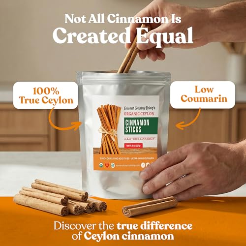 Organic Ceylon Cinnamon Sticks 8 oz - Whole Sticks from Sri Lanka, USDA | True Cinnamon 3" Quills, Fair Trade, Non-GMO, Gluten Free, Low Coumarin, Naturally Sweet Aroma, for Tea, Baking & Cooking