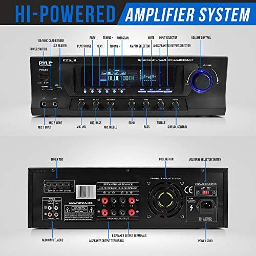 Pyle Home Stereo Amplifier with Bluetooth - 300 Watt Max 4 Channel Stereo Receiver with Easy Karaoke - Dual Mic In with EQ and Echo, USB-A and SD Card In, RCA In, RCA Out, LED Display - PT272AUBT