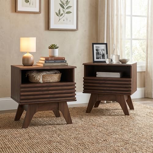 AODK 19 Inch Wide Fluted Nightstand Set of 2 with Drawer, Dark Walnut | Open Storage Shelf, Smooth Metal Slides, 4 Stable Legs