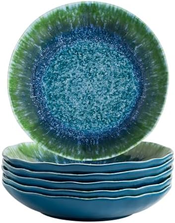 Melamine Pasta Bowls Large Salad Bowls Set 9 inch Sets of 6 pcs Soup Bowls Wide Shallow Flat Turquoise Teal Round Dinnerware Tableware Dishwasher