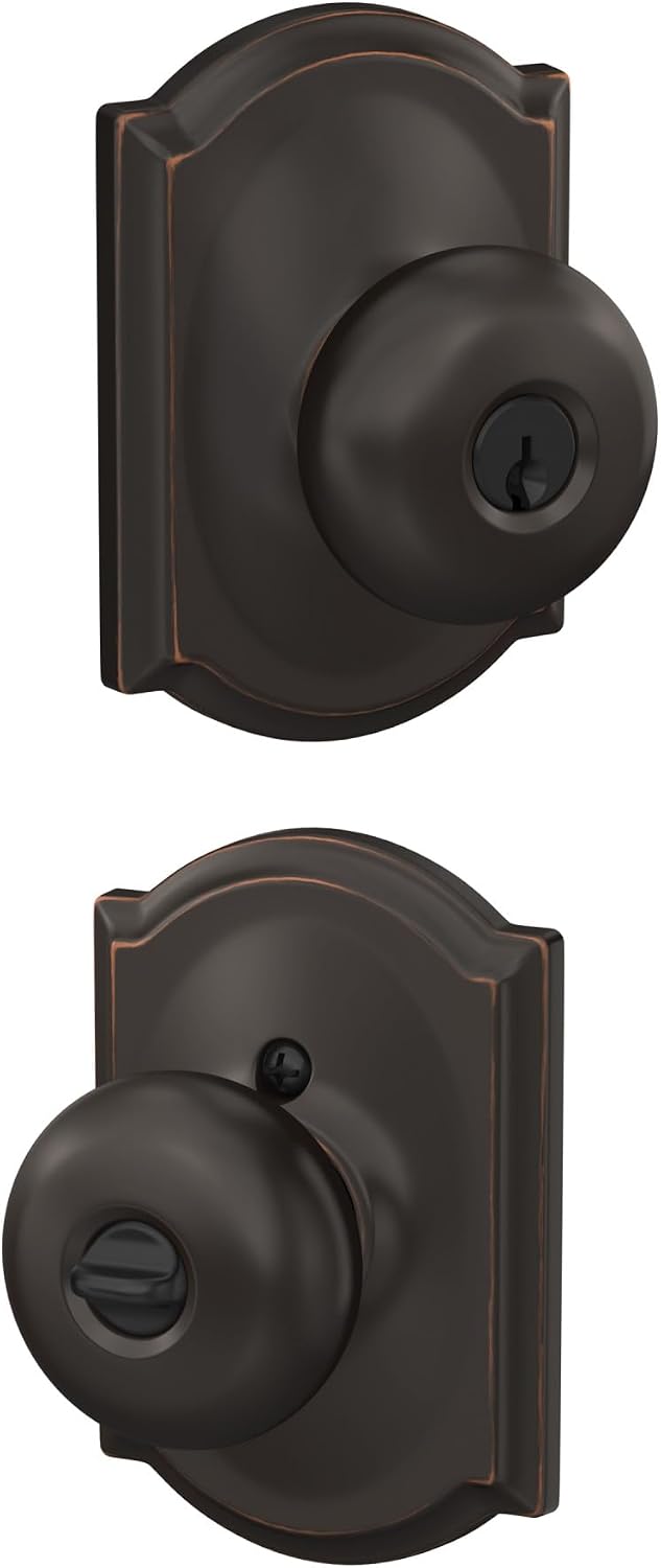 Schlage Plymouth Bed/Bath Privacy Door Knob with Lock, Satin Nickel | Interior bedroom or bathroom door knob with push button lock, Easy to install, Certified durability, Universal fit