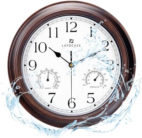 Lafocuse 12 Inch Brown Outdoor Wall Clocks with Temperature and Humidity