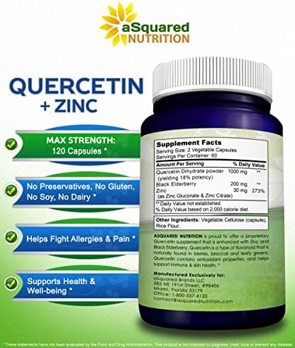 Quercetin with Zinc Supplement - 1000mg Per Serving - 120 Capsules