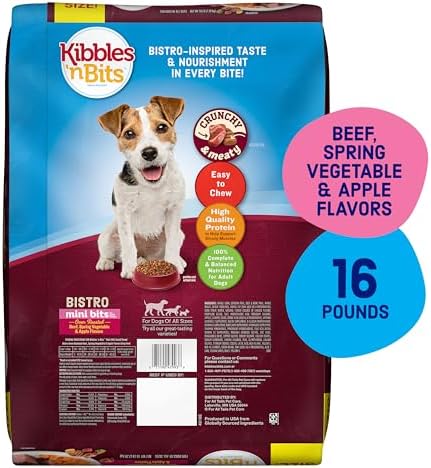 Kibbles 'n Bits Bistro Mini Bits Small Breed Dry Dog Food, Oven Roasted Beef, Spring Vegetable & Apple Flavors for Adult Dogs, 16 lb. Bag | Complete & Balanced Nutrition Formulated For Small Adult Dogs Crafted With Beef, Spring Vegetable & Apple Flavors