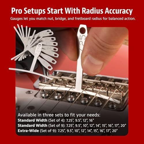 StewMac Understring Radius Gauges, Set of 9, Standard Width | 9 Radii: 7-1/4 to 20 Inch, Fits String Spreads to 2-5/8 In, Use with Strings On, 6-String Guitar and Most 4-String Bass