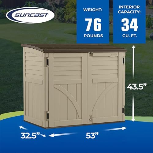 Suncast Horizontal Shed, Compact Outdoor Storage System, 34 Cu. Ft. Capacity, Sand & Slate - Lockable Multi-Wall Resin Organizer for Garbage Cans