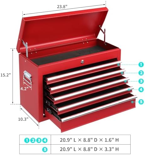 24" Metal Portable Tool Box with 5 Drawers, Lockable, Red | ToolBox with Top Storage Tray, Carry Handle, Ball Bearing Runners, Tool Chest Cabinet for Garage, Warehouse, Repair Shop