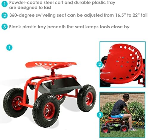 Sunnydaze Rolling Garden Cart with Swivel Seat and Storage, Green | Steel Rolling Gardening Seat with Utility Tray, and Basket for Storage, Rotating, Swiveling Motion
