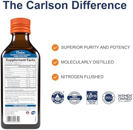 Carlson The Very Finest Fish Oil, 1600 mg, Omega-3s, 200 mL (6.7 Fl Oz) | Lemon; Liquid Fish Oil Supplement; Norwegian Fish Oil; Wild Caught; Sustainably Sourced Fish Oil Liquid