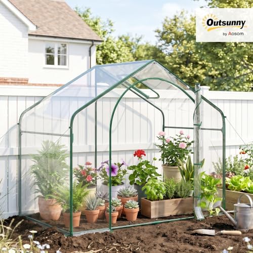 Outsunny 6' x 3' x 5' Portable Walk-in Greenhouse with Plastic Cover Clear | Steel Frame Garden Hot House, Zipper Door, Top Vent, for Flowers