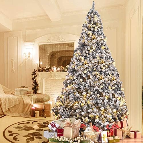 ReunionG 7.5FT Snow Christmas Tree, Artificial Flocked Hinged Pine Tree, Holiday Decoration Tree with Premium PVC Needles and Solid Metal Stand