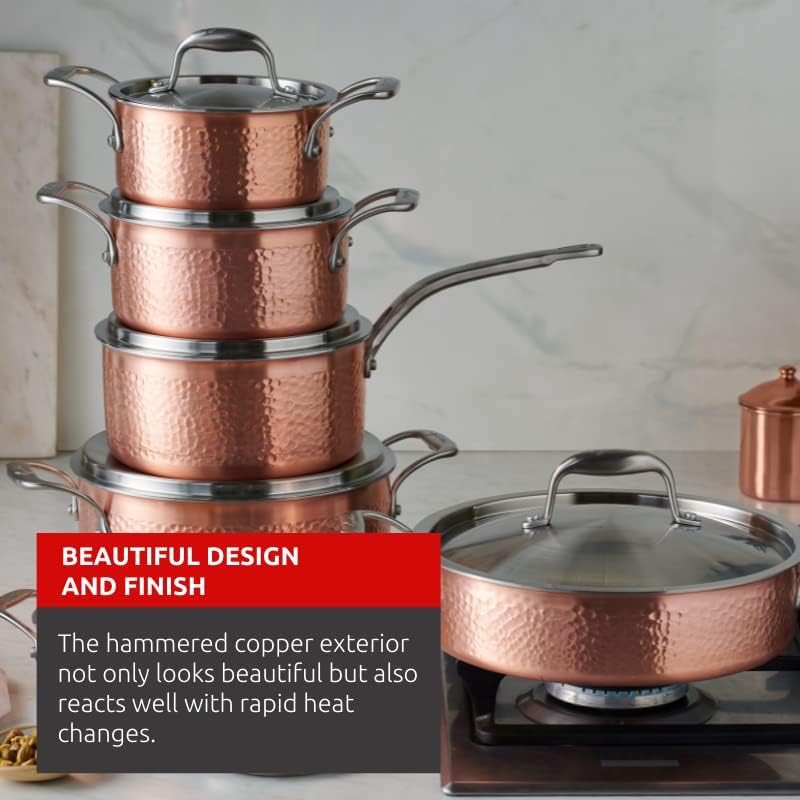 Lagostina Martellata Tri-ply Hammered Copper 11 PC Pots and Pans Cookware Set, Copper