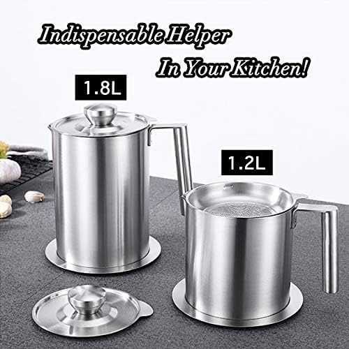 Sumerflos 1.8 L/1.9 Quart Stainless Steel Grease Strainer and Container - Large Oil Storage Pot Grease Keeper with Dust-Proof Lid & Easy Grip Handle