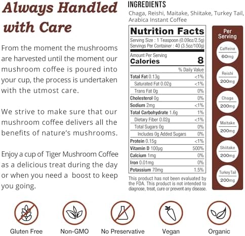 Tiger Organic 5 Mushroom Instant Coffee – 30 Servings with 100% Arabica | Immune System Booster, Reishi, Maitake, Shiitake