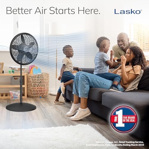 Lasko Pedestal Fan, Oscillating Fan for Bedroom with Adjustable Height and 3 Cooling Speeds, Portable, 18", Black, 1827