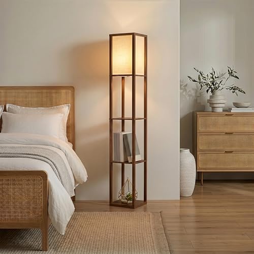 Brightech Maxwell - Modern Shelf Floor Lamp with Lamp Shade & Warm White LED Bulb, Corner Display Floor Lamp with Shelves for Living Room, Bedroom, Nightstand Office, Home Decor Storage - Natural Wood
