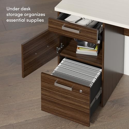 Bestar U Shaped Desk with Drawers, Hutch, and Keyboard Tray, Executive Workstation for Home or Professional Office, 65 Inches, Ridgeley Collection, White Chocolate